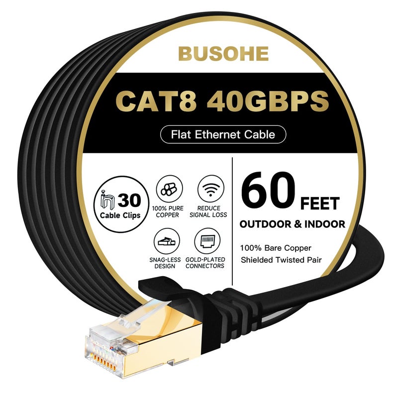 BUSOHE Cat 8 Ethernet Cable 60 FT, 40Gbps 2000MHz Cat8 High Speed Flat Internet Network Patch Cord, SFTP Shielded LAN Wire with Gold Plated RJ45 Connector, with Clips, Outdoor Indoor- 60FT Black - Image 1